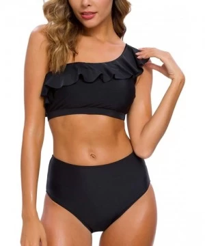 One-Pieces Women Two Piece Bikini Sets High Waisted Swimsuit Ruffle One Shoulder Beachwear - Black - CL18ZTIC496