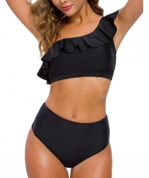 One-Pieces Women Two Piece Bikini Sets High Waisted Swimsuit Ruffle One Shoulder Beachwear - Black - CL18ZTIC496