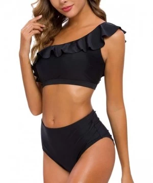 One-Pieces Women Two Piece Bikini Sets High Waisted Swimsuit Ruffle One Shoulder Beachwear - Black - CL18ZTIC496