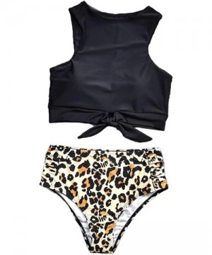 Sets Women's Leopard Print Tie Knot Front Crop Top High Waist Ruched Bikini Set Two Pieces Swimsuit Bathing Suit Black - CR19...