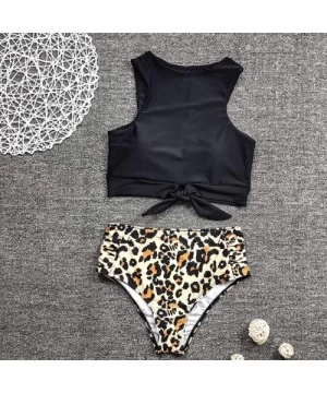 Sets Women's Leopard Print Tie Knot Front Crop Top High Waist Ruched Bikini Set Two Pieces Swimsuit Bathing Suit Black - CR19...