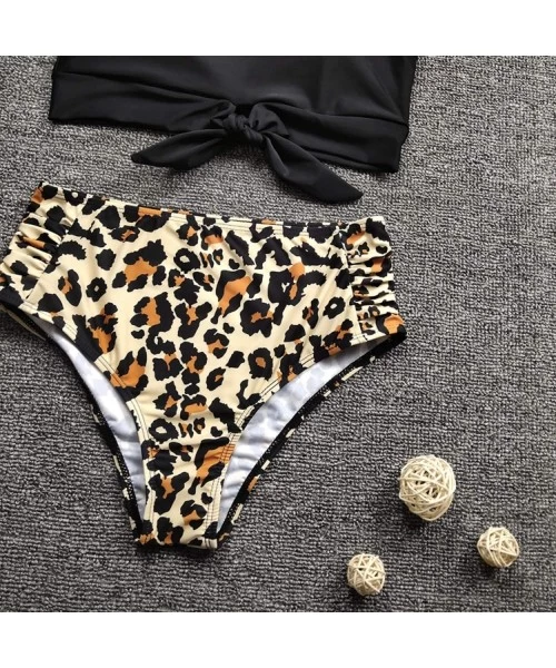 Sets Women's Leopard Print Tie Knot Front Crop Top High Waist Ruched Bikini Set Two Pieces Swimsuit Bathing Suit Black - CR19...