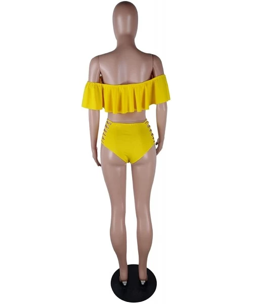 Sets Off The Shoulder Ruffle Bathing Bikini Crop Two Piece Tankini Womens Ruched Swimsuit 1016 - Yellow - C618RT3NM7E