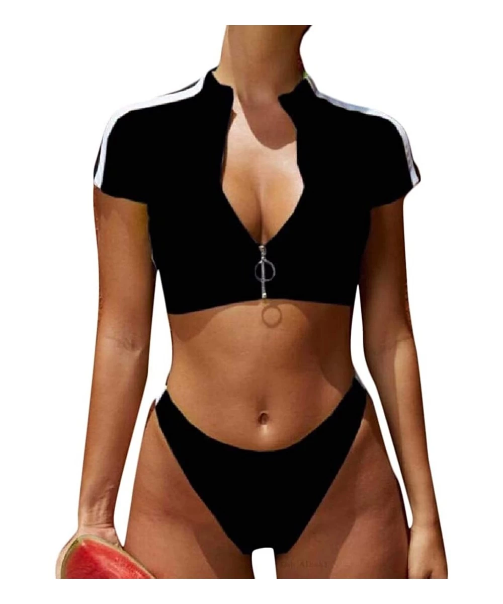 Rash Guards Women Zipper Crop Top Rash Guard Short Sleeve High Cut Two Piece Swimsuit - Black - CW18W36U0LN