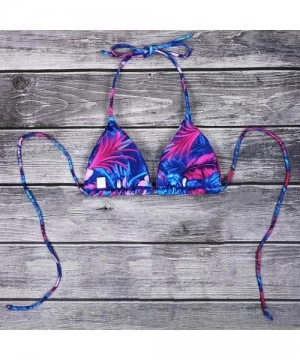 Sets Women's Sexy Halter Thong Bikini Top String Micro Triangle Bikini Top Swimsuit - Pink flower - CF19CZTYXNS