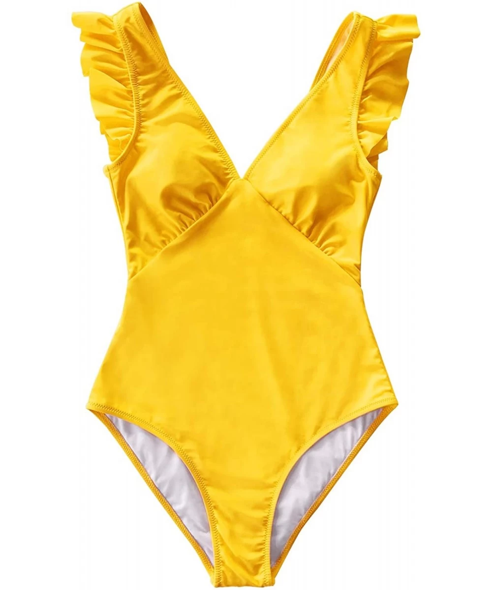 One-Pieces Women's Royal Elegance V Neck One Piece Swimsuit - Yellow - CH193US9G3M