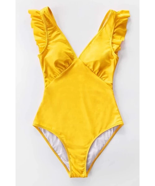 One-Pieces Women's Royal Elegance V Neck One Piece Swimsuit - Yellow - CH193US9G3M