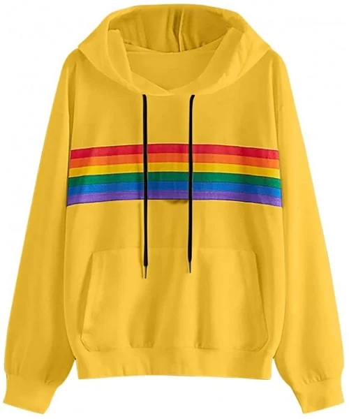 Cover-Ups Teen Girls Rainbow Sweatshirt Womens Crop Tops Patchwork Long Sleeve Stripe Pullover Hoodies - 11 Yellow - CS18YWCLNWN