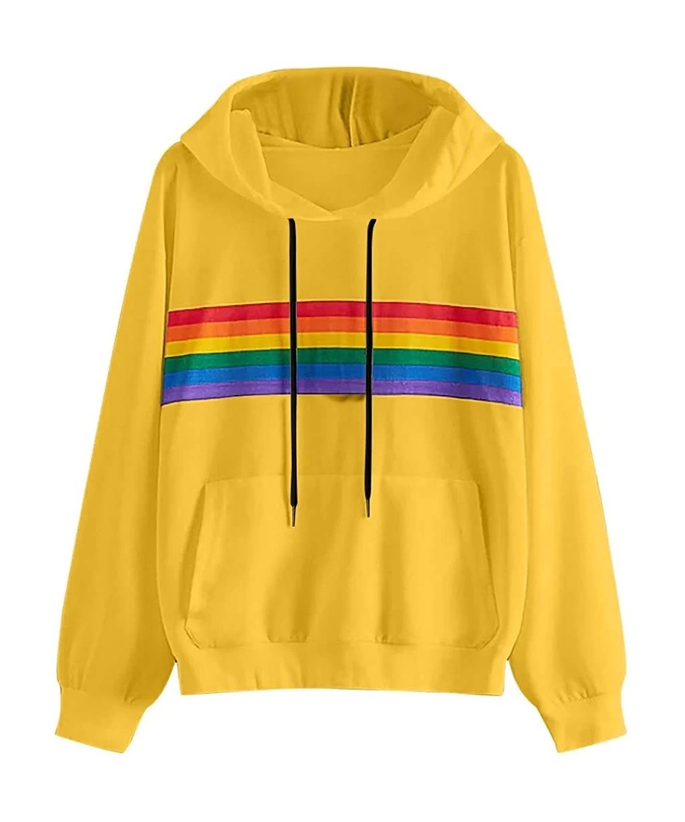 Cover-Ups Teen Girls Rainbow Sweatshirt Womens Crop Tops Patchwork Long Sleeve Stripe Pullover Hoodies - 11 Yellow - CS18YWCLNWN