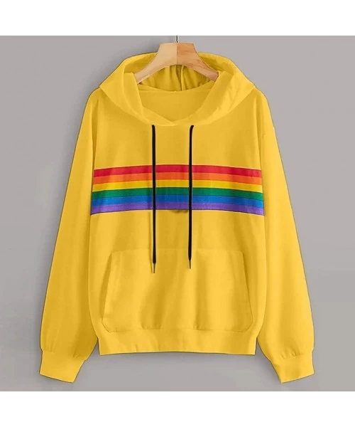 Cover-Ups Teen Girls Rainbow Sweatshirt Womens Crop Tops Patchwork Long Sleeve Stripe Pullover Hoodies - 11 Yellow - CS18YWCLNWN