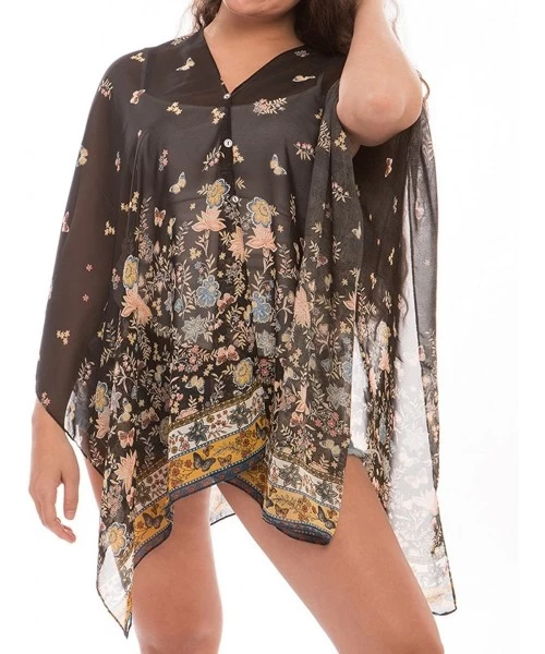 Cover-Ups Women's Fashion Beachwear Sheer Chiffon Wrap Tunic Swimwear Cover Up - Butterfly Black - C212D31JFLJ