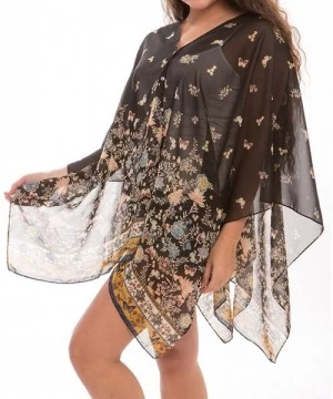 Cover-Ups Women's Fashion Beachwear Sheer Chiffon Wrap Tunic Swimwear Cover Up - Butterfly Black - C212D31JFLJ