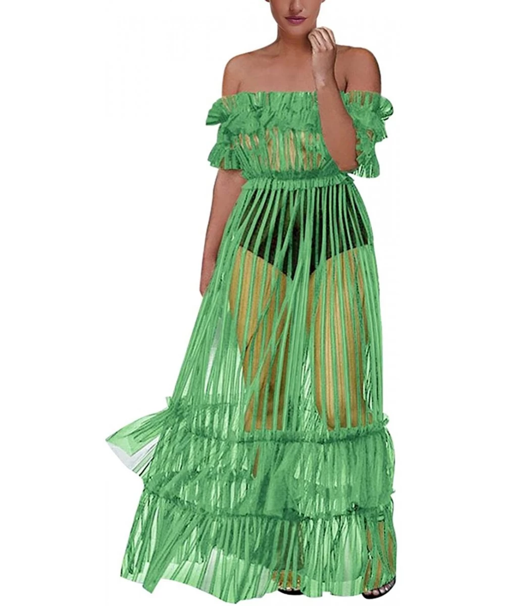 Cover-Ups Women's Sexy Lace Off Shoulder High Wasit Flared Mesh Club Maxi Dress Beach Cover Up - Light-green - C518HCWOO95