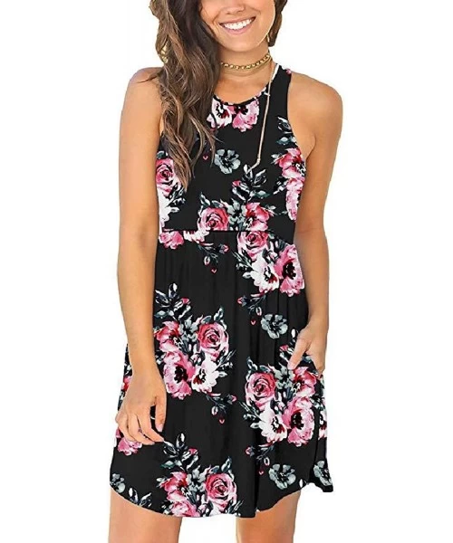 Cover-Ups Women's Summer Casual T Shirt Sundress Swimsuit Cover Ups with Pockets - Black Rose - CO19CMOX405