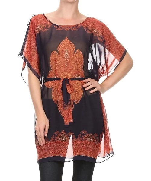 Cover-Ups Womens Chiffon Caftan Poncho Tunic Cover Up Top Summer Spring Many Styles - Navy Blue Paisley With Tie - CK12L2239SL