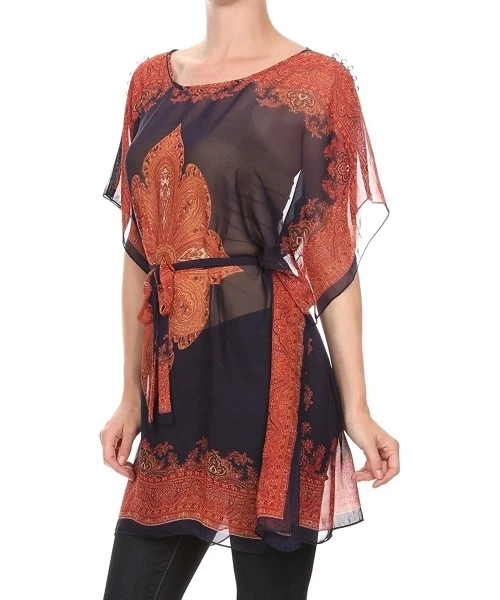 Cover-Ups Womens Chiffon Caftan Poncho Tunic Cover Up Top Summer Spring Many Styles - Navy Blue Paisley With Tie - CK12L2239SL