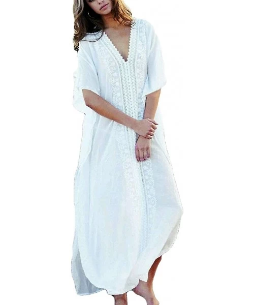 Cover-Ups Women Casual Embroidered Bikini Swimsuit Cover Up Holiday Beach Long Dresses - White 1 - CM1935YYH08