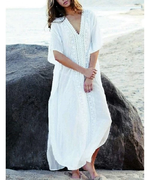 Cover-Ups Women Casual Embroidered Bikini Swimsuit Cover Up Holiday Beach Long Dresses - White 1 - CM1935YYH08