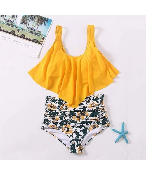 Bottoms Women Swimsuit Two Piece Bathing Suit Top Ruffled Racerback High Waisted Tummy Control Tankini Swimwear Set Yellow - ...