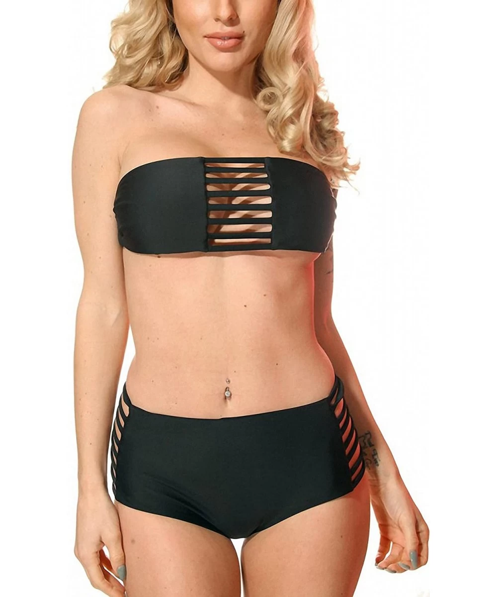 Sets Women's Strappy Bandeau Tube w/Strappy Cheeky Bottom Two Piece Swimsuit - High Waisted - Black - CL12FWOYNH1