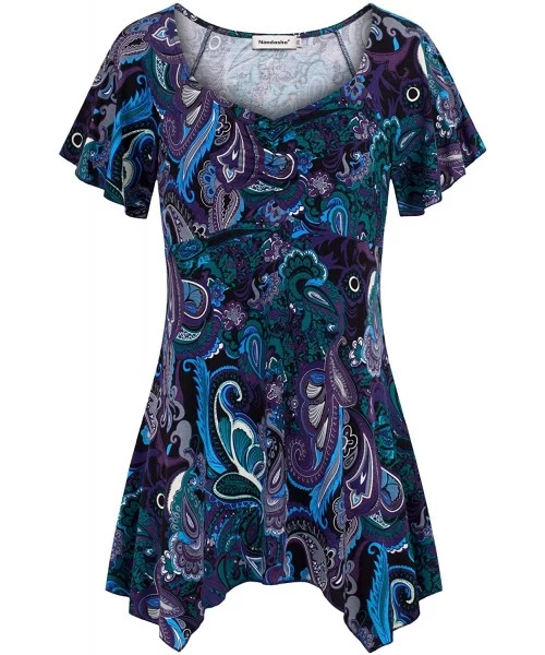 Cover-Ups Women Boat Neck Short Sleeve Floral Tunic Top Empire Waist Peplum Shirt - Blue Purple - CE196R2C5Z7