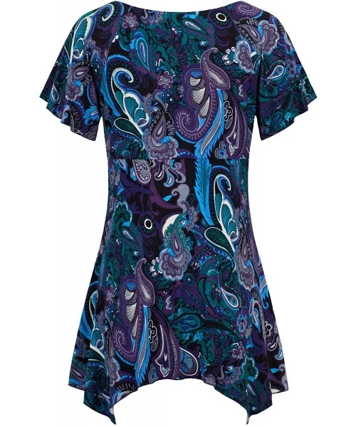 Cover-Ups Women Boat Neck Short Sleeve Floral Tunic Top Empire Waist Peplum Shirt - Blue Purple - CE196R2C5Z7