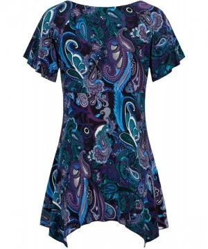 Cover-Ups Women Boat Neck Short Sleeve Floral Tunic Top Empire Waist Peplum Shirt - Blue Purple - CE196R2C5Z7