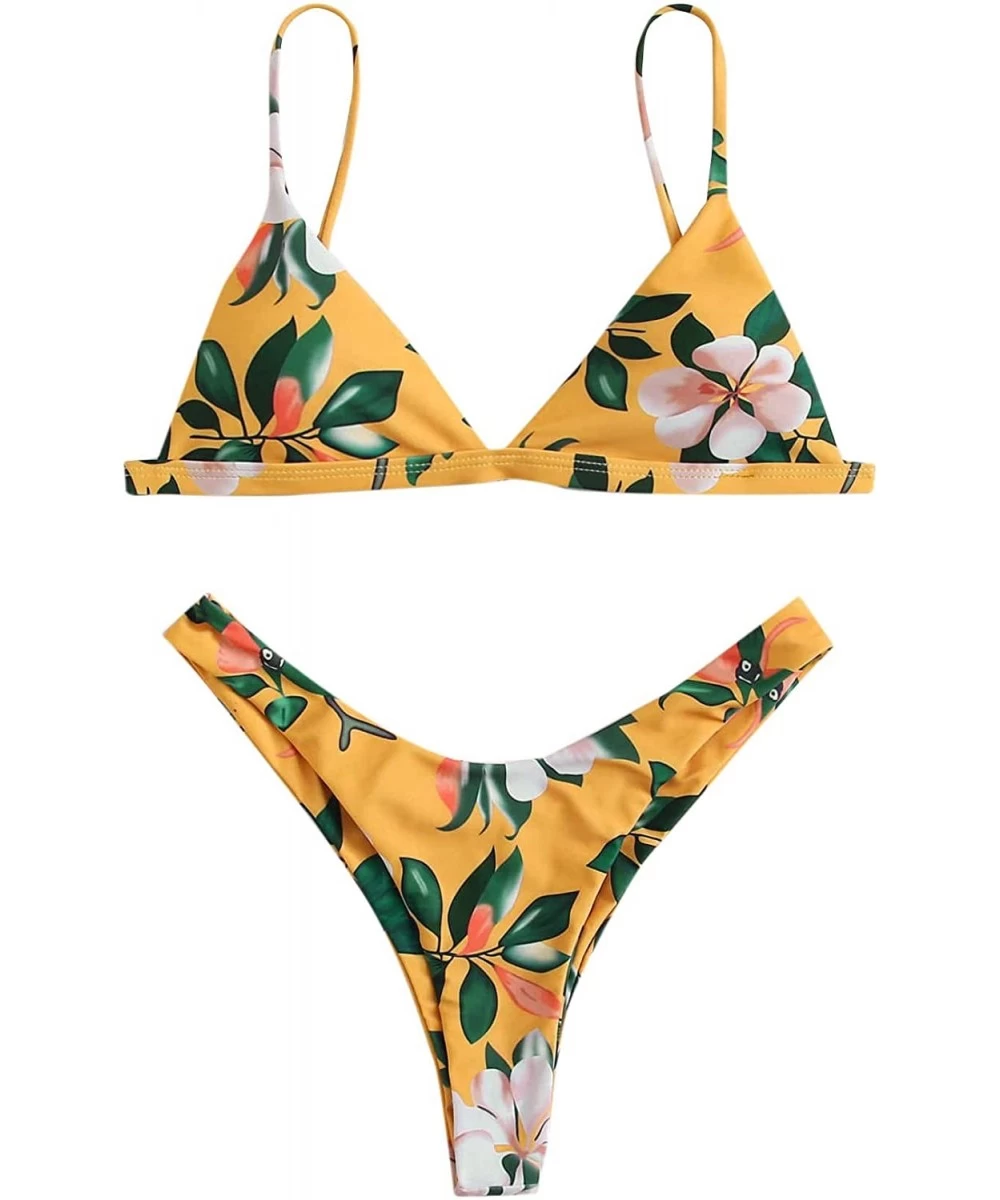 Sets Women's 2 Piece Swimsuit Triangle Bikini Set High Cut Thong Cheeky Bathing Suit - Yellow - CQ197QC26CN