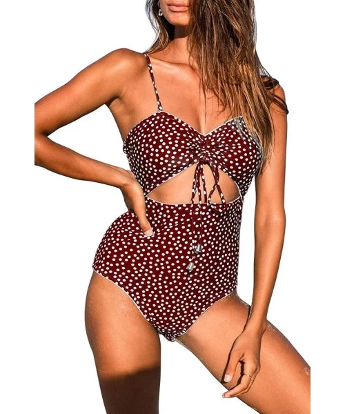 One-Pieces Womens One Piece Swimsuits Polka Dot High Waist Bathing Suit Cutout Swimwear Monokini Tie Knot - Brown - CI195TWXHRX