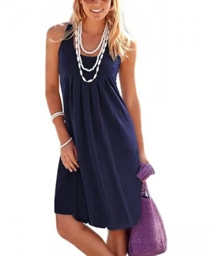 Cover-Ups Women's Sleeveless Pleated Loose Swing Casual Dress with Pockets Knee Length - 01navy Blue - CL18NG2XEC8