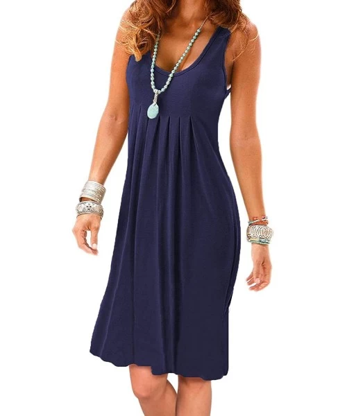 Cover-Ups Women's Sleeveless Pleated Loose Swing Casual Dress with Pockets Knee Length - 01navy Blue - CL18NG2XEC8