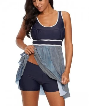 Racing Womens 2 Piece Swimsuits Tankini Top Set with Boy Shorts Slimming Swimdress Swimwear - Two-piece Blue Stripe - CK18QZ2...