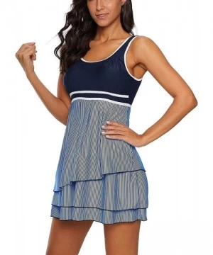 Racing Womens 2 Piece Swimsuits Tankini Top Set with Boy Shorts Slimming Swimdress Swimwear - Two-piece Blue Stripe - CK18QZ2...