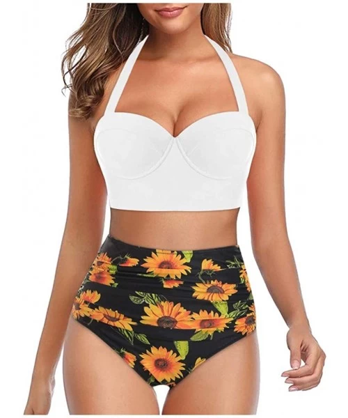 Sets Bathing Suit Women Halter Sunflower Print High Waist Crop Tops Two Piece Swimwear Tummy Control Beach Swimsuits White - ...