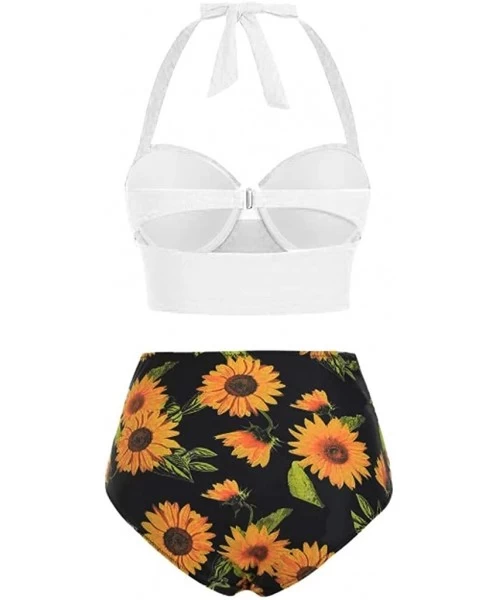 Sets Bathing Suit Women Halter Sunflower Print High Waist Crop Tops Two Piece Swimwear Tummy Control Beach Swimsuits White - ...