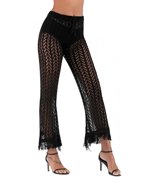 Cover-Ups Womens Cover up Pants Swimwear Sexy Knitted Hollow Out Fishnet Crochet Beach High Waist Wide Leg Pants - 07-black -...