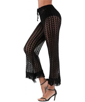 Cover-Ups Womens Cover up Pants Swimwear Sexy Knitted Hollow Out Fishnet Crochet Beach High Waist Wide Leg Pants - 07-black -...