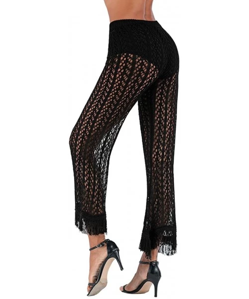 Cover-Ups Womens Cover up Pants Swimwear Sexy Knitted Hollow Out Fishnet Crochet Beach High Waist Wide Leg Pants - 07-black -...