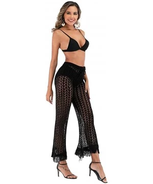 Cover-Ups Womens Cover up Pants Swimwear Sexy Knitted Hollow Out Fishnet Crochet Beach High Waist Wide Leg Pants - 07-black -...