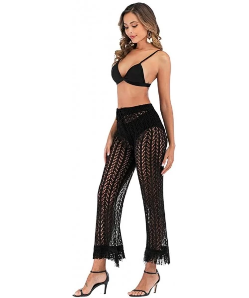 Cover-Ups Womens Cover up Pants Swimwear Sexy Knitted Hollow Out Fishnet Crochet Beach High Waist Wide Leg Pants - 07-black -...