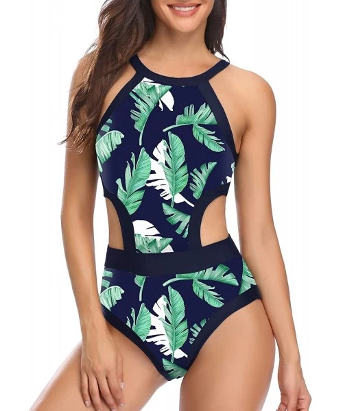 One-Pieces Women One Piece Swimsuit Cutout High Neck Bathing Suit Floral Printed Bathing Suits - Blue Green Leaf - CL18YKNLE9E