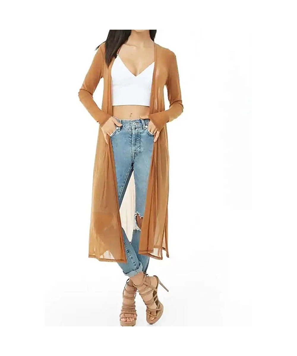 Cover-Ups Womens Sexy Sheer Long Sleeve Cardigan See Through Mesh Cover Up - Camel - C218YYQ0YHN