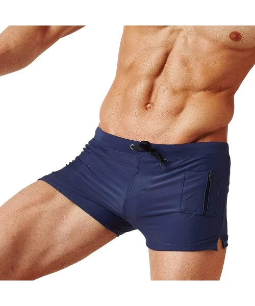 Trunks Mens Swimwear Swim Trunks Short Boxer Briefs with Zipper Pockets - Navy Blue B - CB18G7DADMS