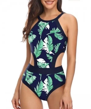 One-Pieces Women One Piece Swimsuit Cutout High Neck Bathing Suit Floral Printed Bathing Suits - Blue Green Leaf - CL18YKNLE9E