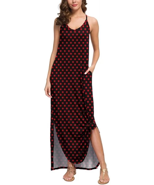 Cover-Ups Women's Summer Casual Loose Dress Beach Cover Up Long Cami Maxi Dresses with Pocket - 23 Polka Dot Red - CN19DENWTEY