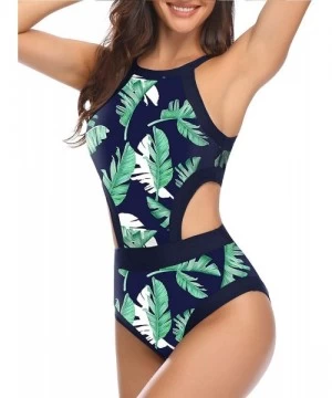 One-Pieces Women One Piece Swimsuit Cutout High Neck Bathing Suit Floral Printed Bathing Suits - Blue Green Leaf - CL18YKNLE9E