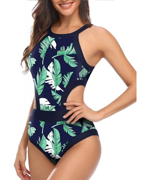 One-Pieces Women One Piece Swimsuit Cutout High Neck Bathing Suit Floral Printed Bathing Suits - Blue Green Leaf - CL18YKNLE9E