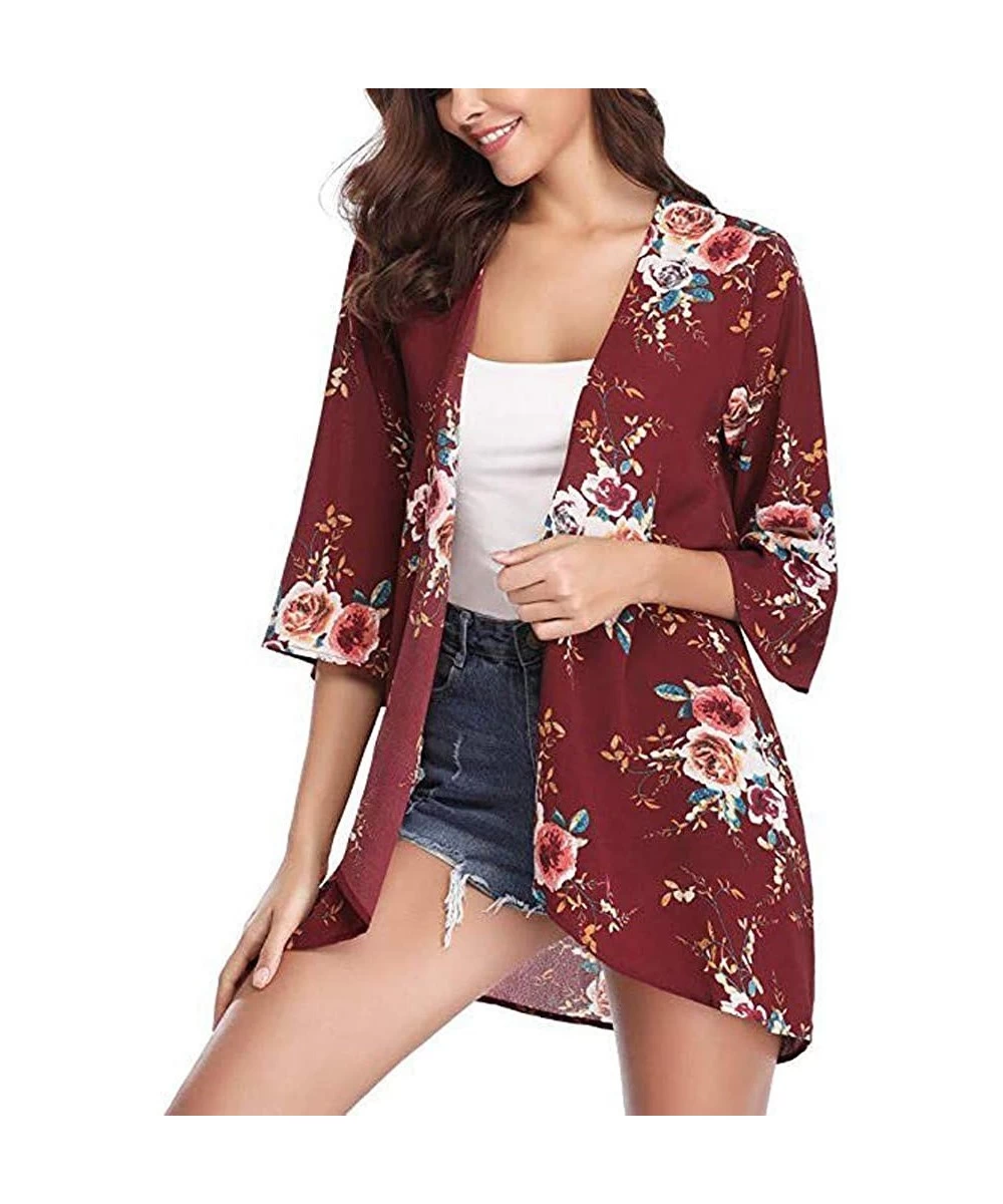 Cover-Ups Womens Kimono Cardigan- Mesh Panel 3/4 Bell Sleeve Floral Open Front Cover Up Tops Blouses - 4 Red - CK18TQG7AUE