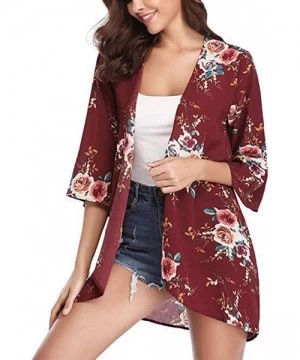 Cover-Ups Womens Kimono Cardigan- Mesh Panel 3/4 Bell Sleeve Floral Open Front Cover Up Tops Blouses - 4 Red - CK18TQG7AUE