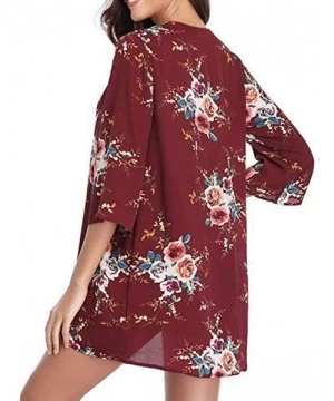 Cover-Ups Womens Kimono Cardigan- Mesh Panel 3/4 Bell Sleeve Floral Open Front Cover Up Tops Blouses - 4 Red - CK18TQG7AUE